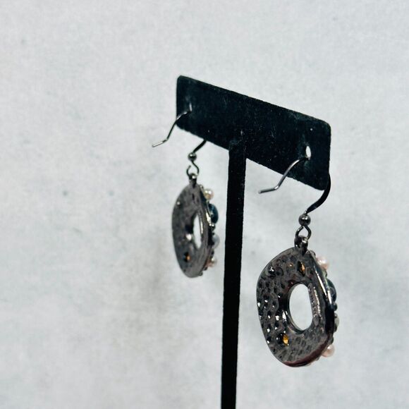 Chicos Earrings Faux Pearl Crystal Cabochons Gray Dangle 1" Pierced Ear Jewelry - Picture 6 of 9